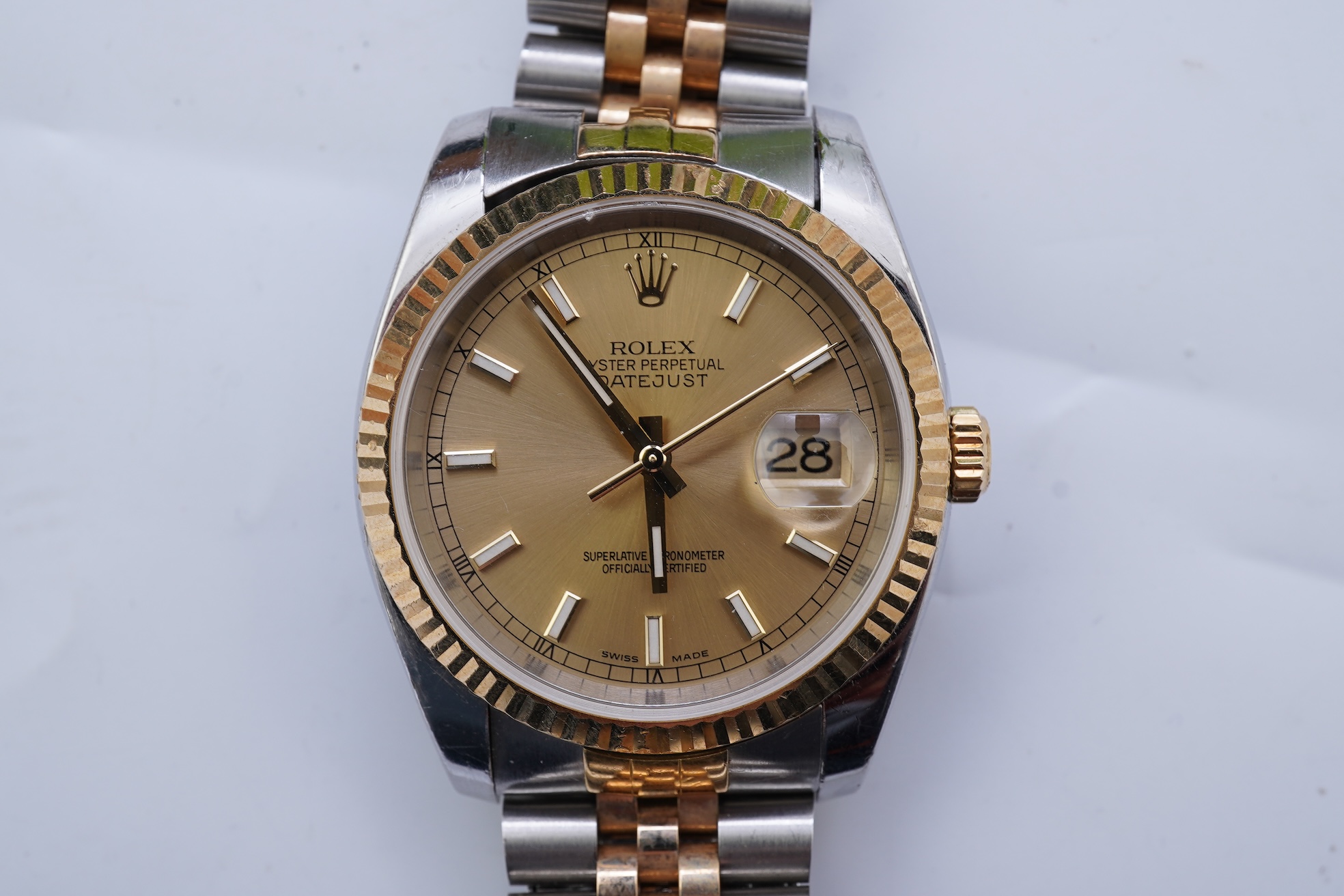 A gentleman's 1990's stainless steel and gold Rolex Oyster Perpetual Datejust wrist watch, on a stainless steel and gold Rolex bracelet